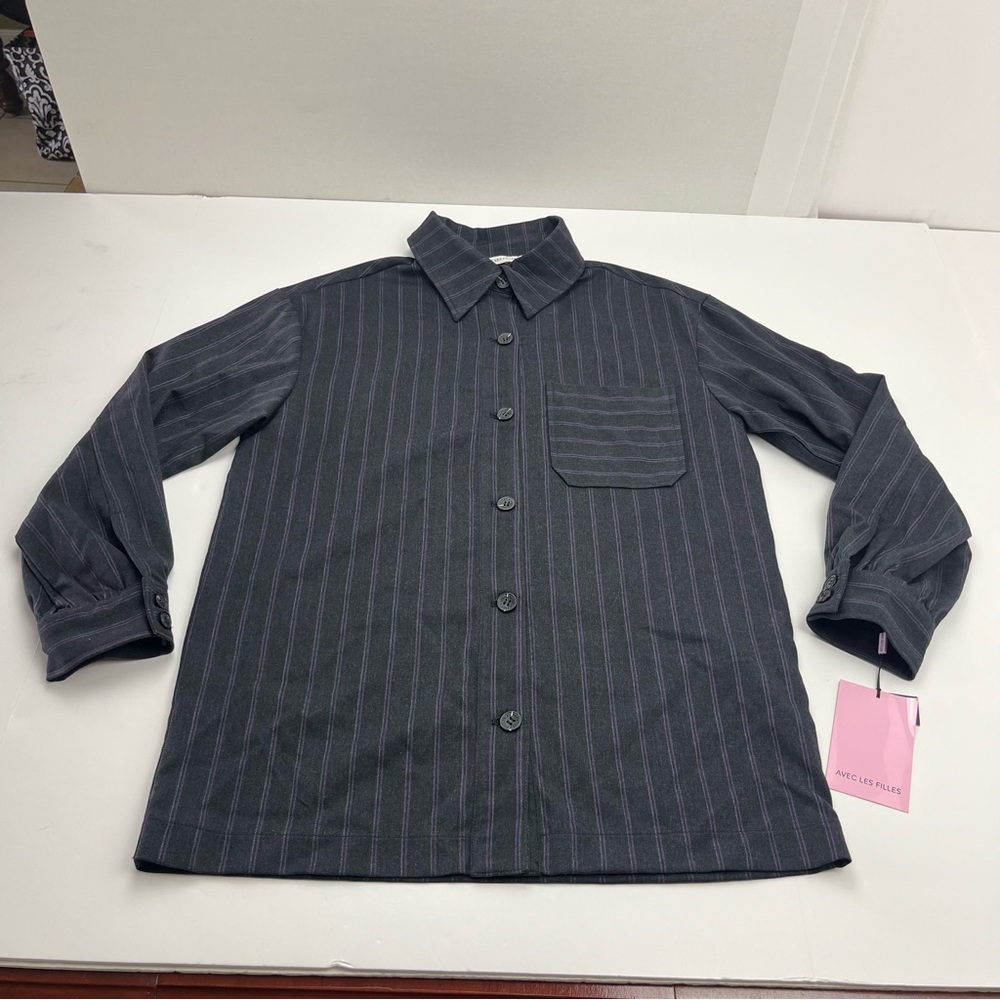 Avec Les Filles Charcoal Grey Gray Button Front Long Sleeve Shirt Small NEW
